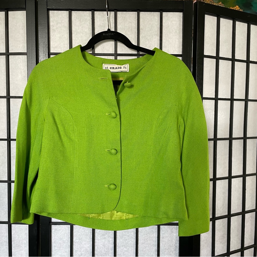 Vintage 50s/60s Jackie O Boutique Lime Green Linen Cropped Jacket